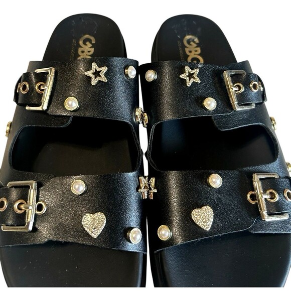GBG GG Juliana T  Rhinestone Pearl Double Strap Black Platform Slide Sandals 8M - Picture 6 of 14
